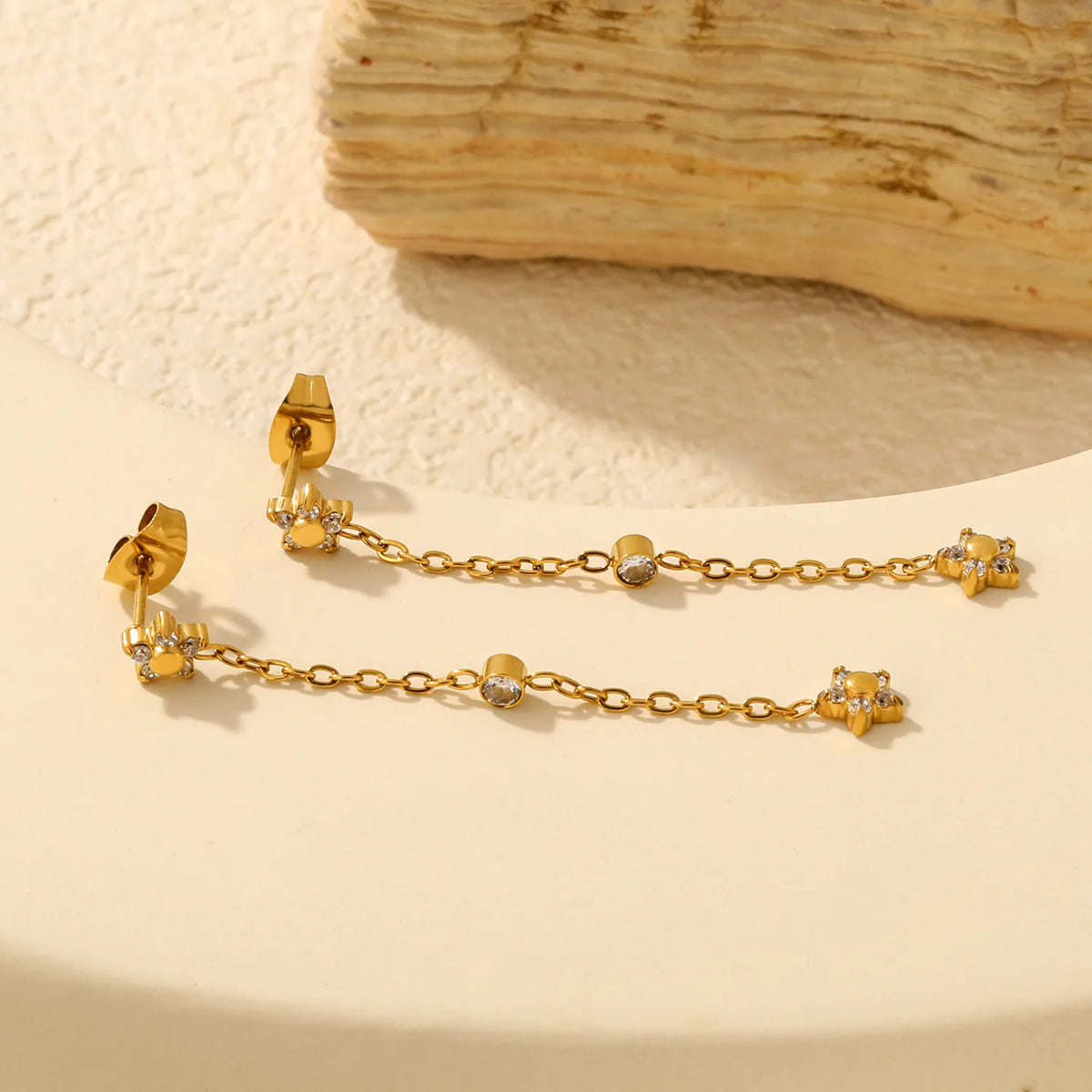 4 Styles Dainty CZ Long Chain Drop Stud Earrings | 18K Gold Plated Stainless Steel | Tassel Earrings Wholesale MOQ 12