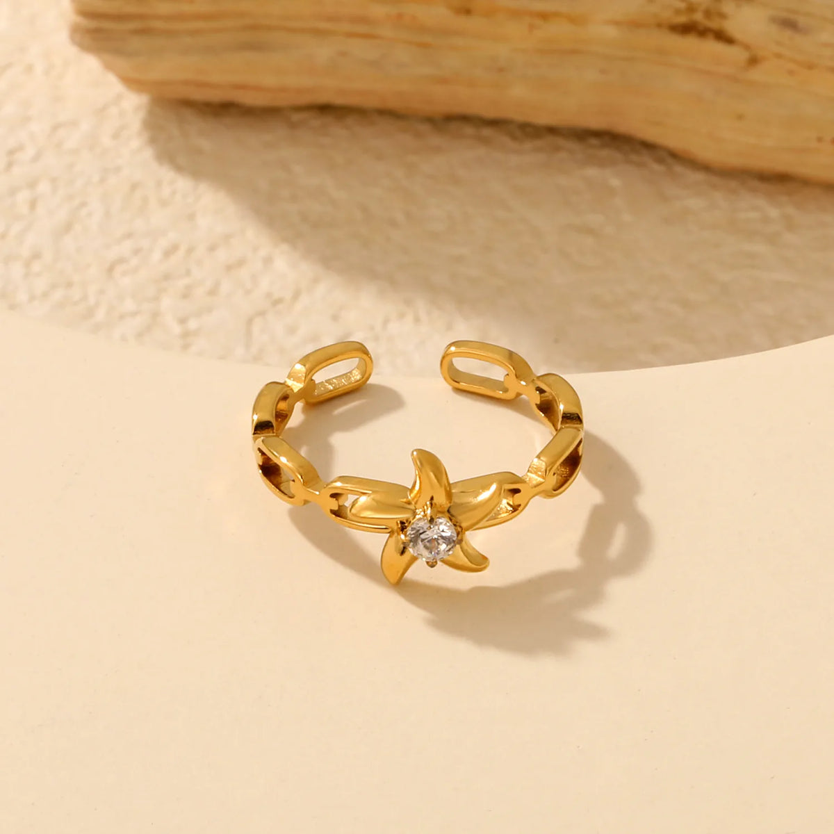 CZ Starfish Chain Open Cuff Ring | 18K Gold Plated Stainless Steel | Wholesale MOQ 12