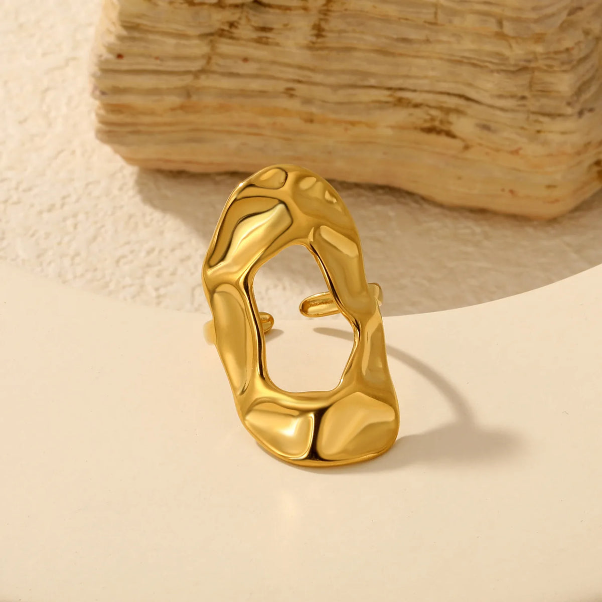 18K Gold Plated Stainless Steel Bold Irregular Hollow Molten Statement Ring | Wholesale MOQ 12
