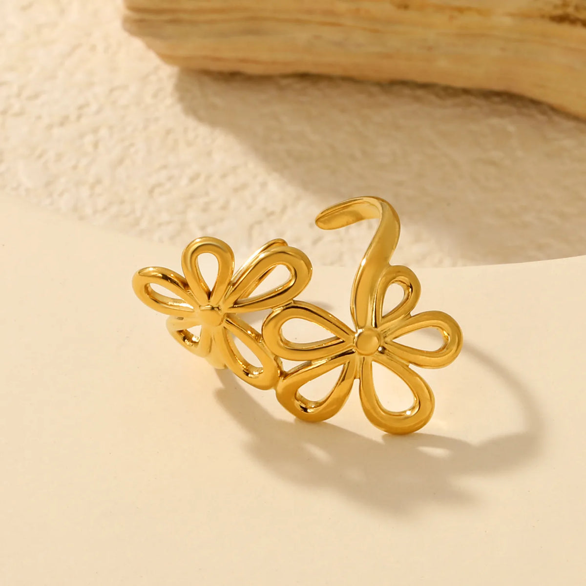 Double Hollow Flower Open Cuff Ring | Size 7 | 18K Gold Plated Stainless Steel Floral Statement Ring Wholesale