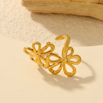 Double Hollow Flower Open Cuff Ring | Size 7 | 18K Gold Plated Stainless Steel Floral Statement Ring Wholesale