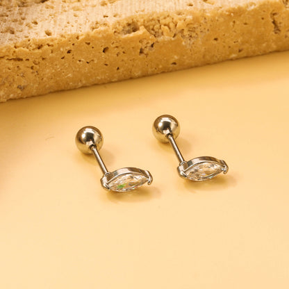 Steel Beads Screwback Horse Eye Earrings with White Diamonds 3.3*7.3mm