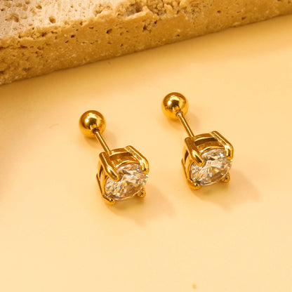 Steel Bead Screwback Round Earrings with White Diamonds 6.9mm