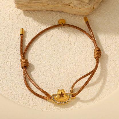 Wholesale Brown Wax Rope Cowboy Hat Charm Bracelet | 18K Gold Plated Stainless Steel Jewelry