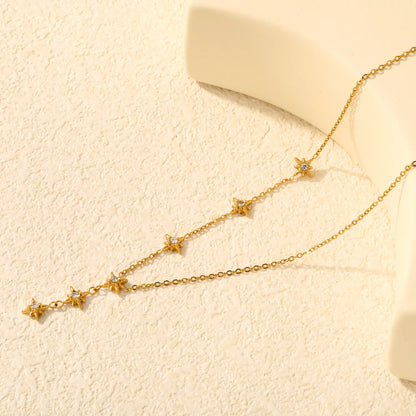 North Star CZ Station Rolo Chain Necklace | 18K Gold Plated | Multi Star Charms Design