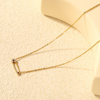 Paved CZ Safety Pin Charm Rolo Chain  Statement Necklace | 18K Gold Plated |  MOQ 12