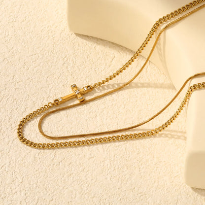 Double Layer Cross Curb & Snake Chain Necklace with Baguette Crystal Cross Pendant