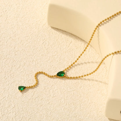 Emerald Green Teardrop Crystal Ball Chain Lariat Necklace | Y Drop | Minimalist Ball Chain Drop Design