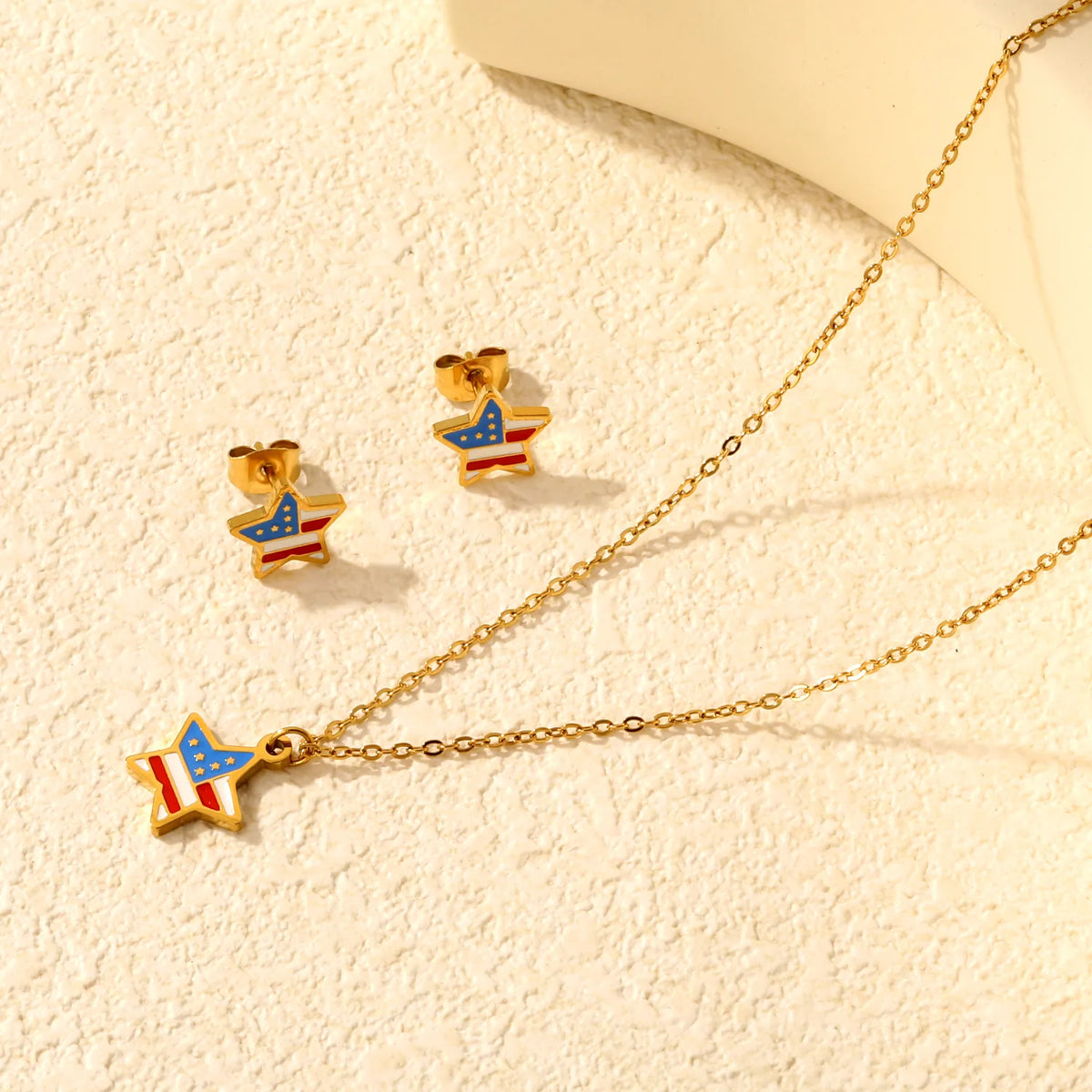 Star USA Flag Dripping Oil Jewelry Set | 18K Gold Plated | Necklace & Stud Earrings | Wholesale MOQ 12