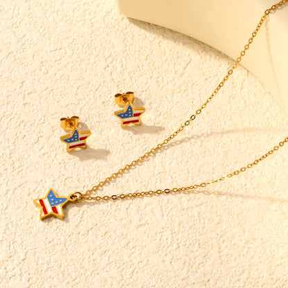 Star USA Flag Dripping Oil Jewelry Set | 18K Gold Plated | Necklace & Stud Earrings | Wholesale MOQ 12
