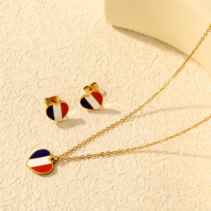 18K Gold Plated Heart France Flag Oil Dripping Jewelry Set | Necklace & Stud Earrings | National Flag Souvenir Jewelry MOQ 12