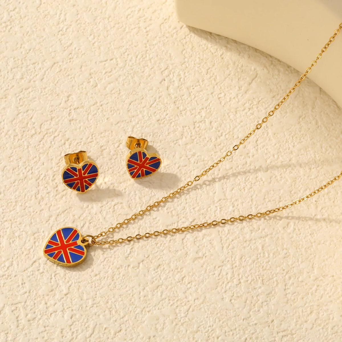 Wholesale UK Union Jack Flag Heart Dripping Oil Necklace Earring Set | 18K Gold Plated | MOQ 12