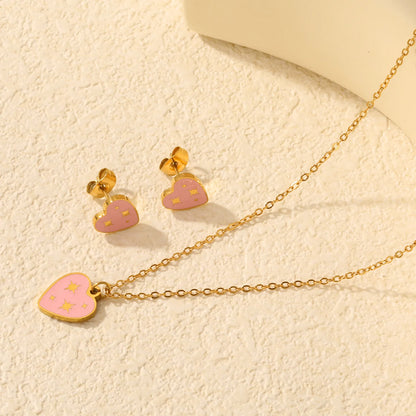 Sweet Pink Star Heart with Starburst Pattern Jewelry Set | Necklace & Stud Earrings | Wholesale MOQ 12