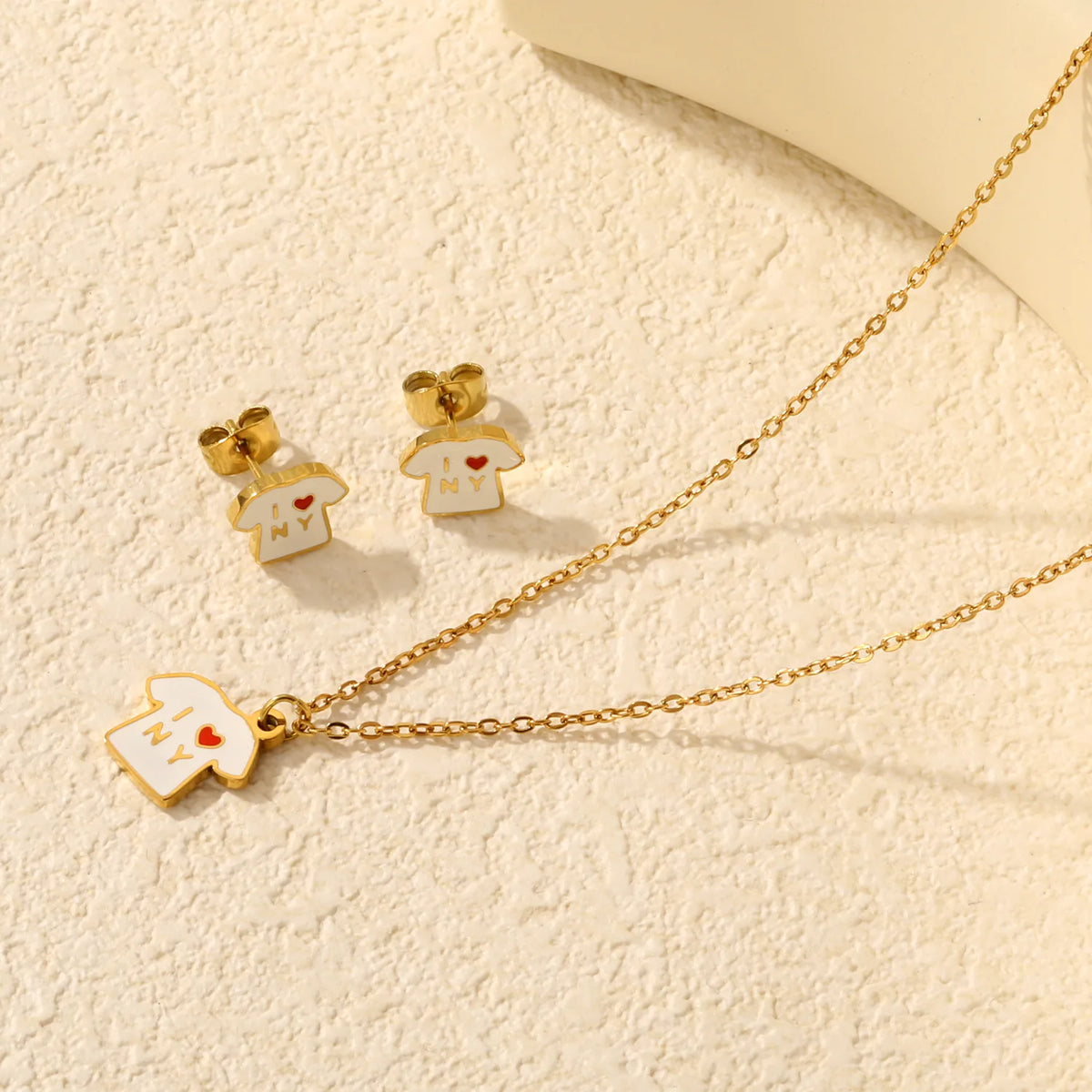 T Shirt Shape Dripping Oil Jewelry Set | Two Styles Option | 18K Gold Plated Necklace & Stud Earrings | MOQ 12
