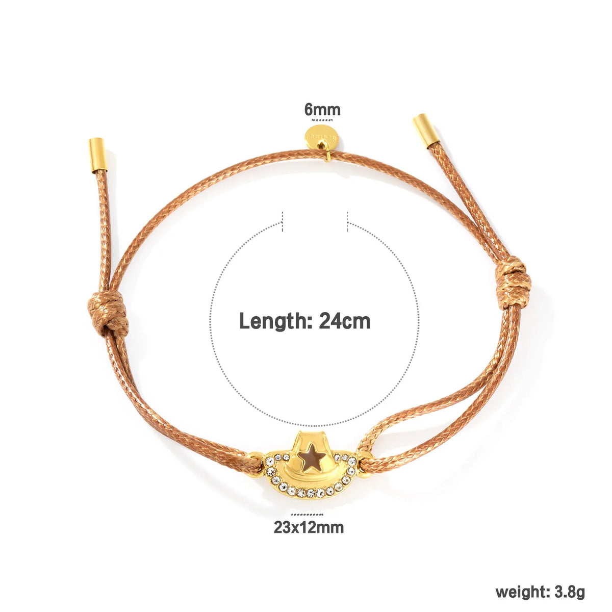 Wholesale Brown Wax Rope Cowboy Hat Charm Bracelet | 18K Gold Plated Stainless Steel Jewelry