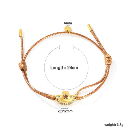 Wholesale Brown Wax Rope Cowboy Hat Charm Bracelet | 18K Gold Plated Stainless Steel Jewelry