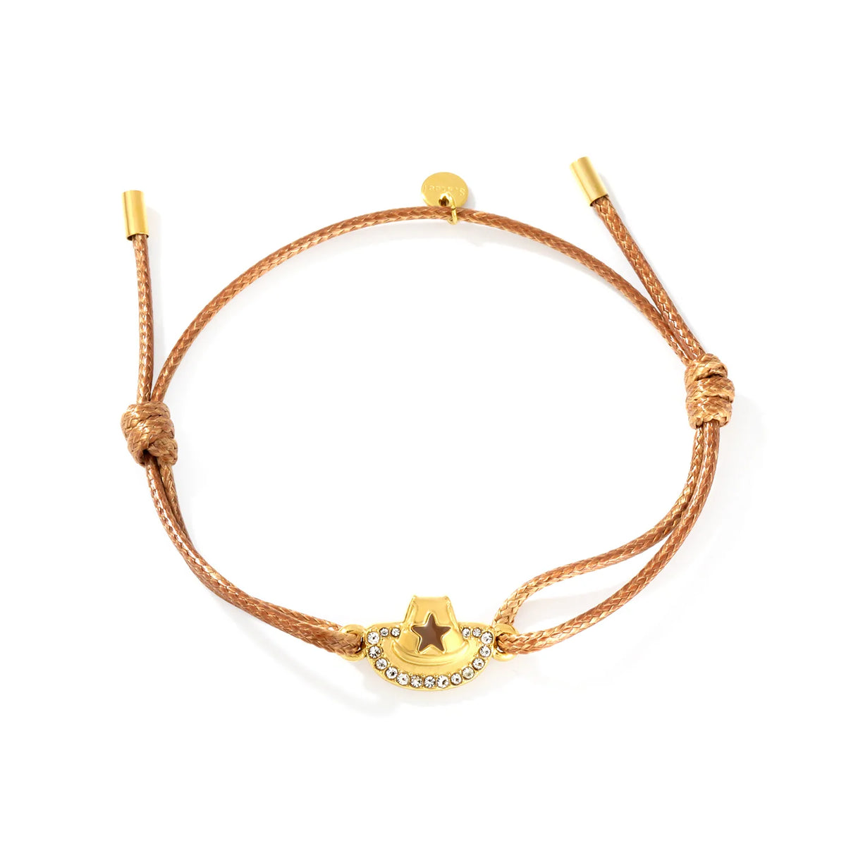 Wholesale Brown Wax Rope Cowboy Hat Charm Bracelet | 18K Gold Plated Stainless Steel Jewelry