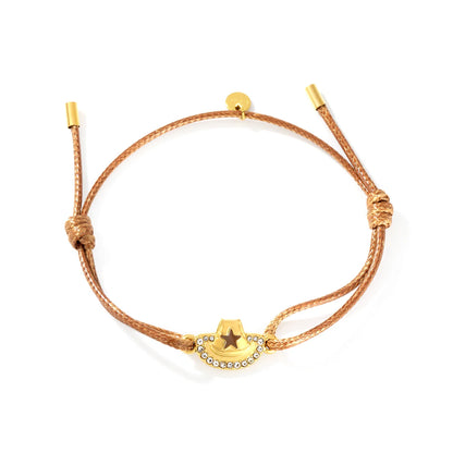Wholesale Brown Wax Rope Cowboy Hat Charm Bracelet | 18K Gold Plated Stainless Steel Jewelry
