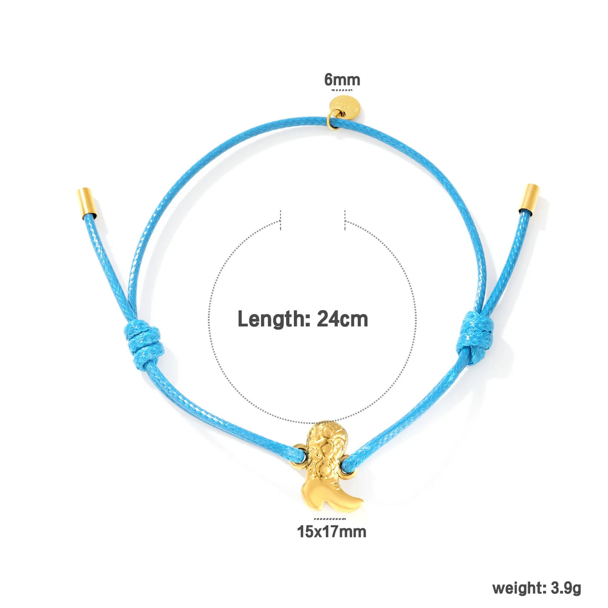 Blue Wax Rope Cowboy Boot Charm Bracelet for Wholesale | 18K Gold Plated Charm | MOQ 12