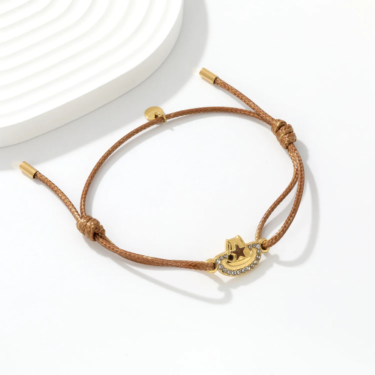 Wholesale Brown Wax Rope Cowboy Hat Charm Bracelet | 18K Gold Plated Stainless Steel Jewelry