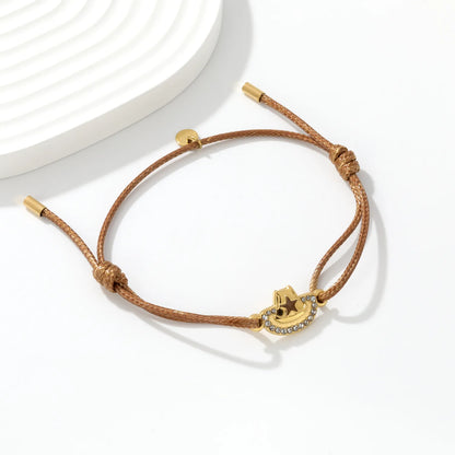 Wholesale Brown Wax Rope Cowboy Hat Charm Bracelet | 18K Gold Plated Stainless Steel Jewelry