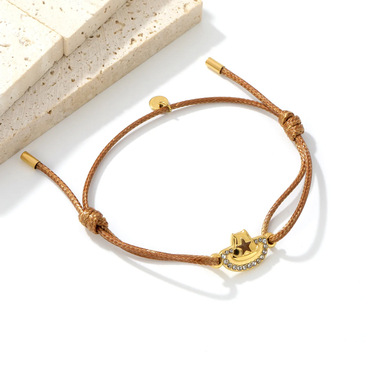 Wholesale Brown Wax Rope Cowboy Hat Charm Bracelet | 18K Gold Plated Stainless Steel Jewelry