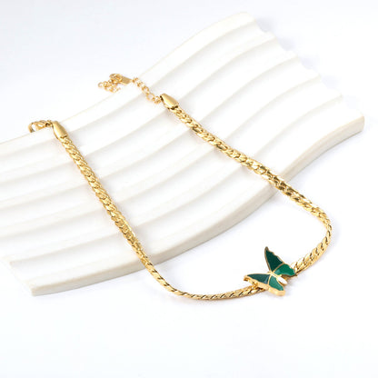 Butterfly with Green Drip Oil 13.7*13mm Anklet 23+5cm Gold Color
