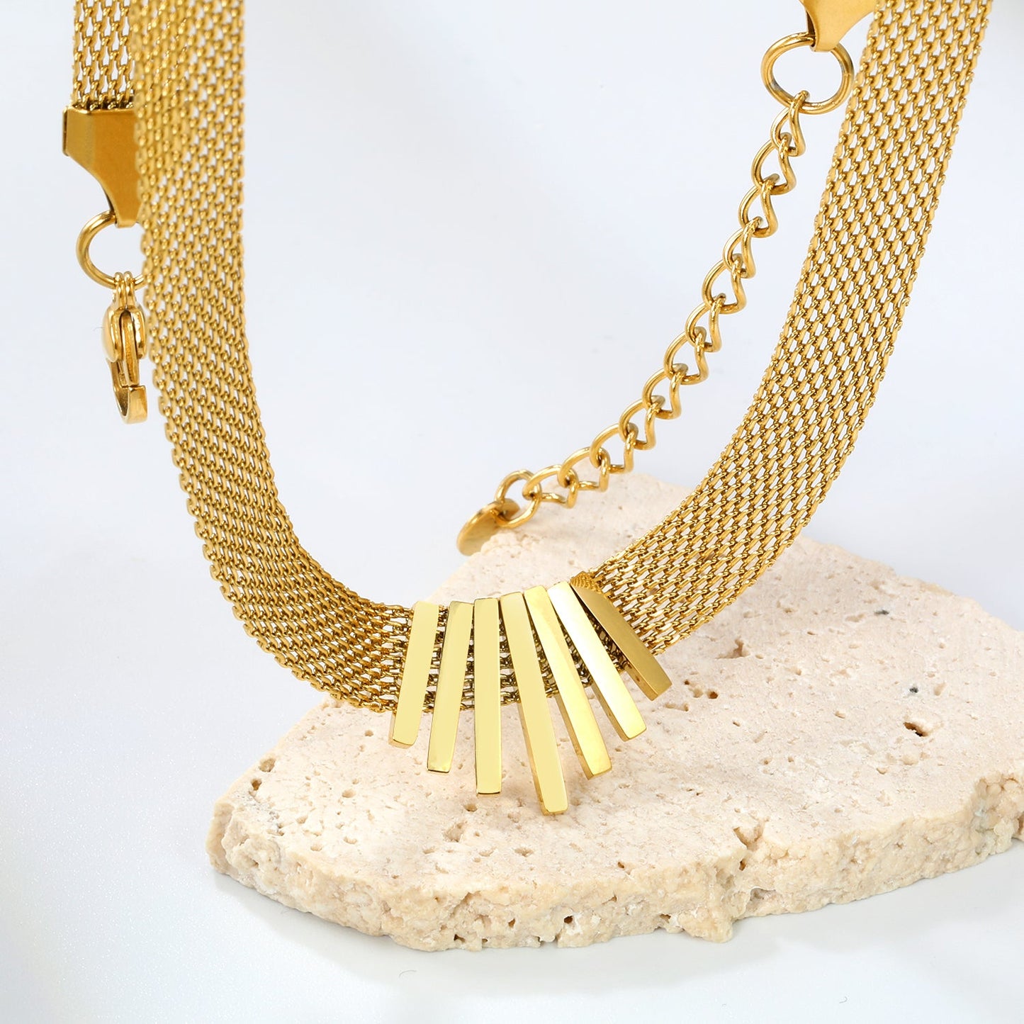 22*18mm black oil drop/golden long and short vertical bar accessories 8mm mesh chain necklace 40+5cm+6mm round plaque gold color