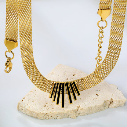 22*18mm black oil drop/golden long and short vertical bar accessories 8mm mesh chain necklace 40+5cm+6mm round plaque gold color