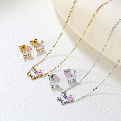 ✨10.5x12mm Pink & White Rocking Teardrop Set  Diamond Accents | Gold/Silver Stainless Steel Necklace & Earrings | 42+5cm | Wholesale