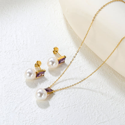 ✨ Wholesale Gold Stainless Steel Rectangular Purple Zircon & Pearl Pendant Set (7.5x5.5mm) | 40+5cm Chain | 7g
