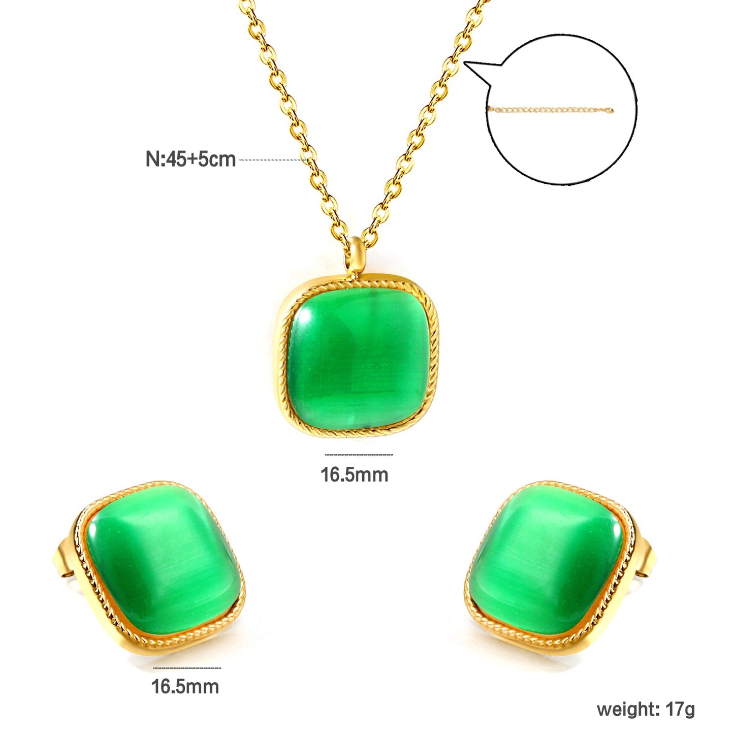 16.5*16.5mm twisted edge square with Green cat's eye stone set