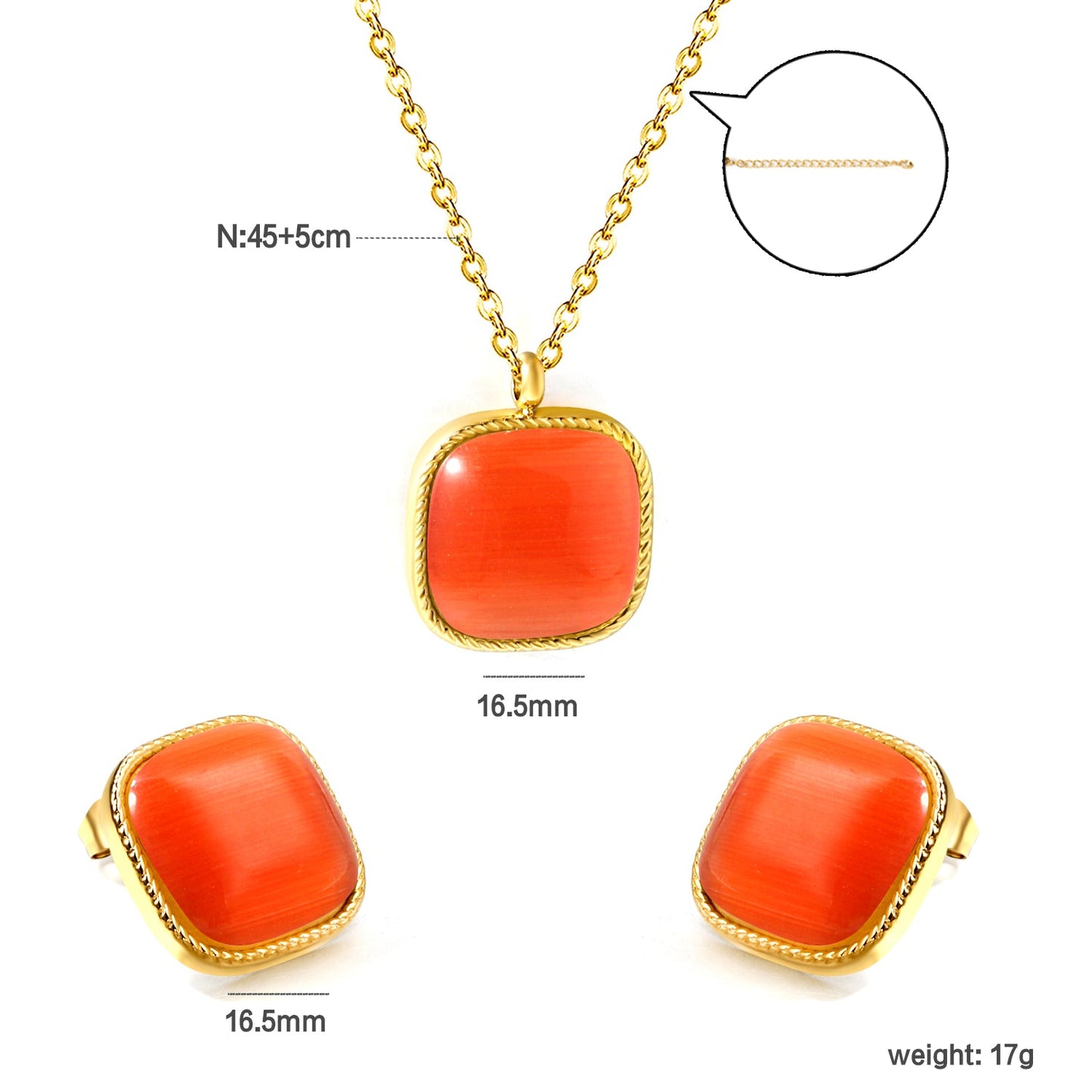 16.5*16.5mm twisted edge square with Red cat's eye stone set