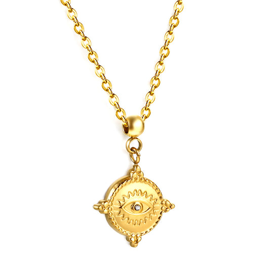 2024 New Year Steel Bead with Round Cake Eye Pattern Pendant Necklace with Diamonds 45+5cm