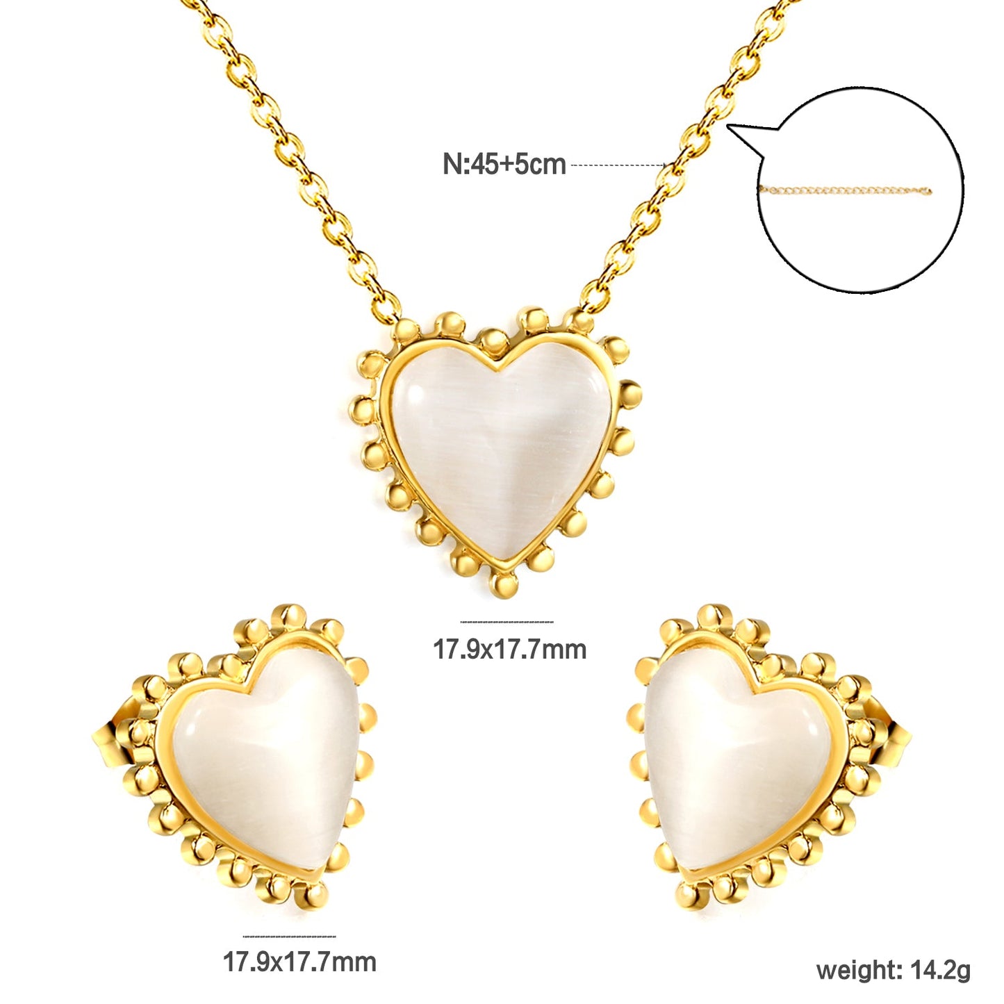 17.9*17.7mm Loose Beads Edged Heart with White Cat's Eye Stones Set