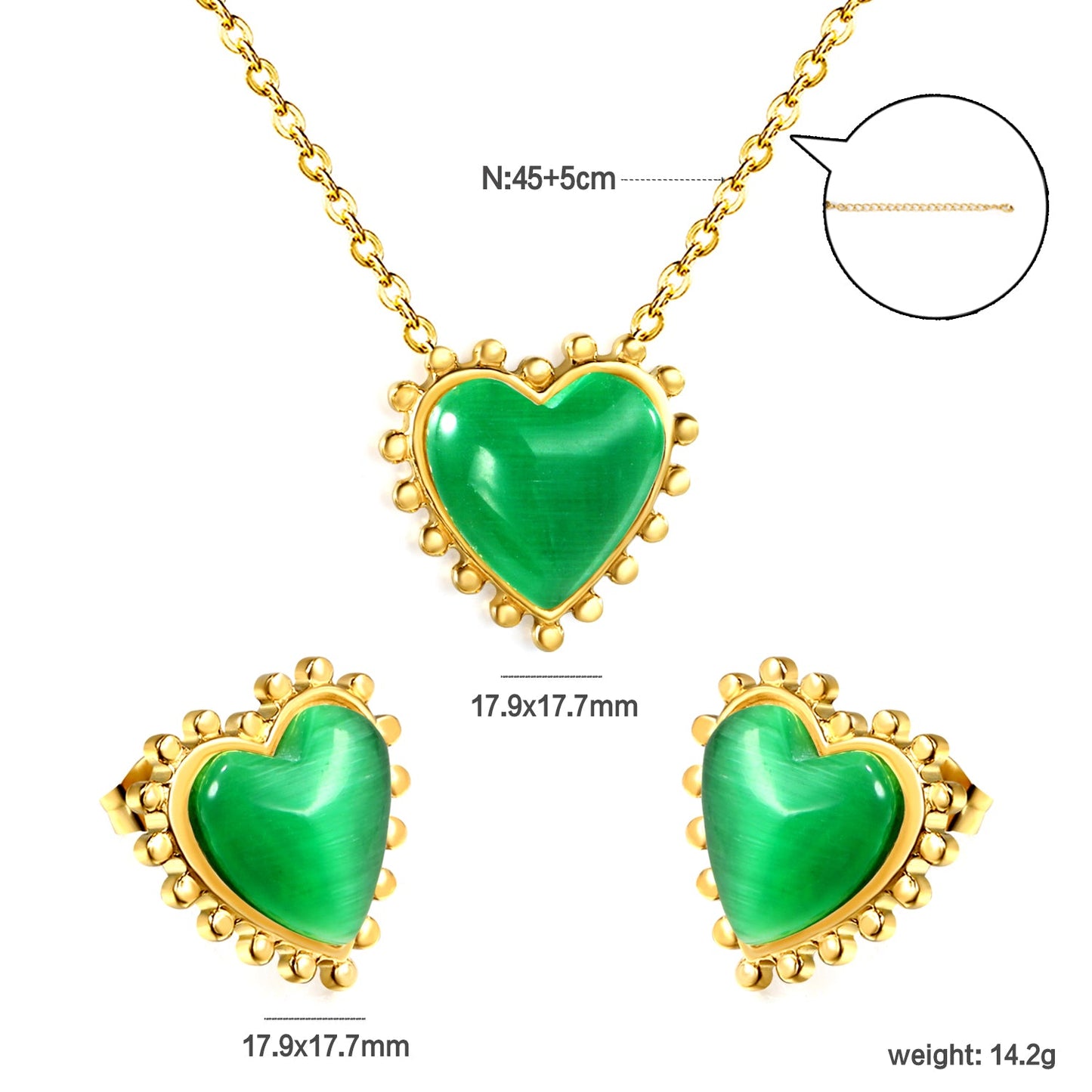 17.9*17.7mm Loose Beads Edged Heart with Green Cat's Eye Stones Set