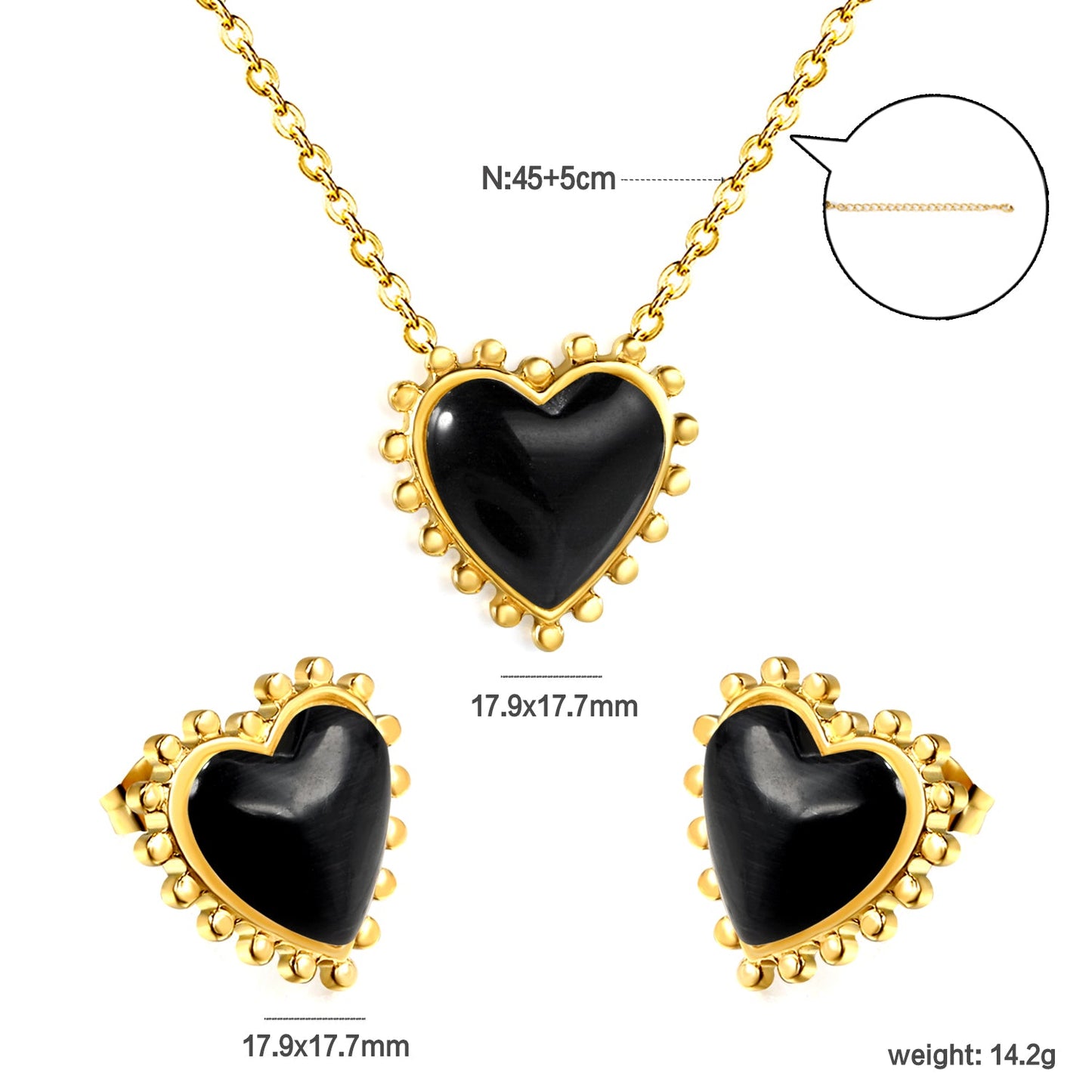 17.9*17.7mm Loose Beads Edged Heart with Black Cat's Eye Stones Set