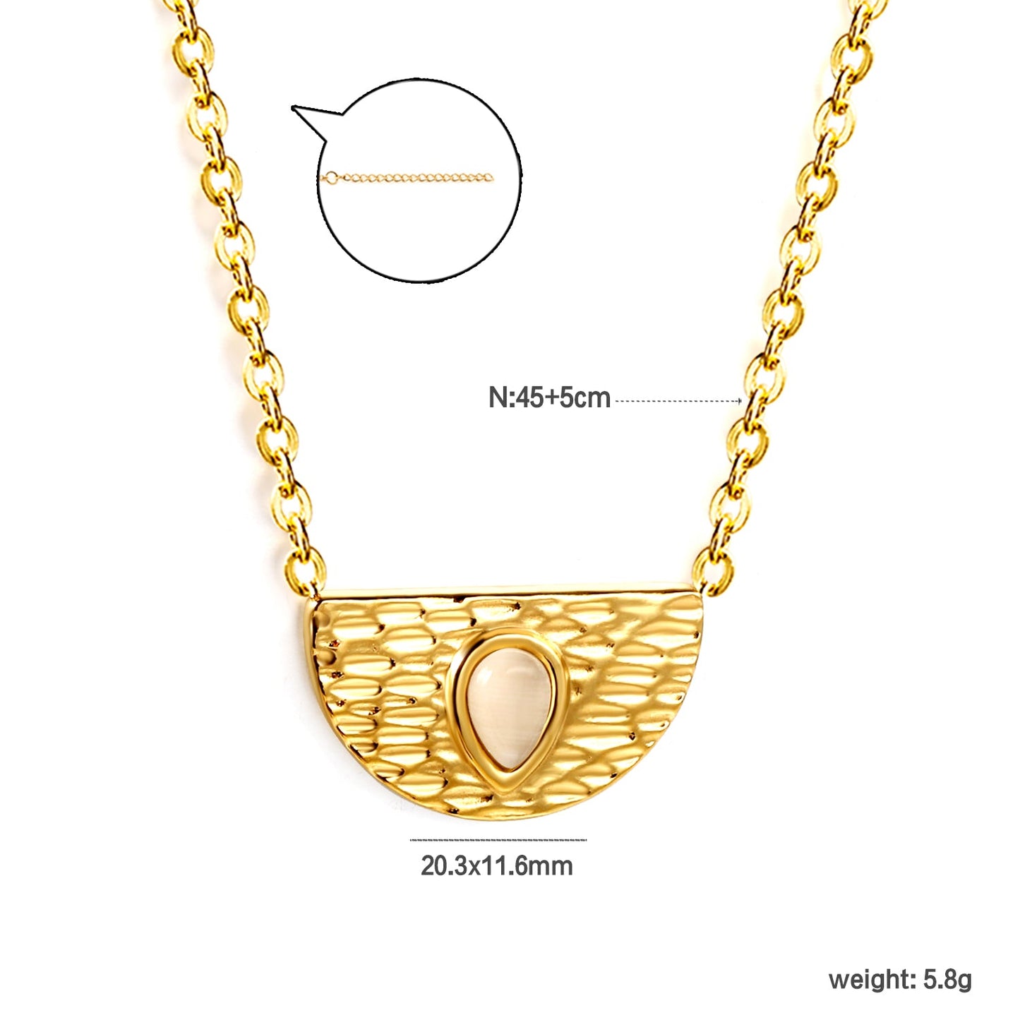 Semi-circle with teardrop white cat's eye pendant 20.3*11.6MM Necklace 45+5cm