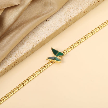 Butterfly with Green Drip Oil 13.7*13mm Anklet 23+5cm Gold Color