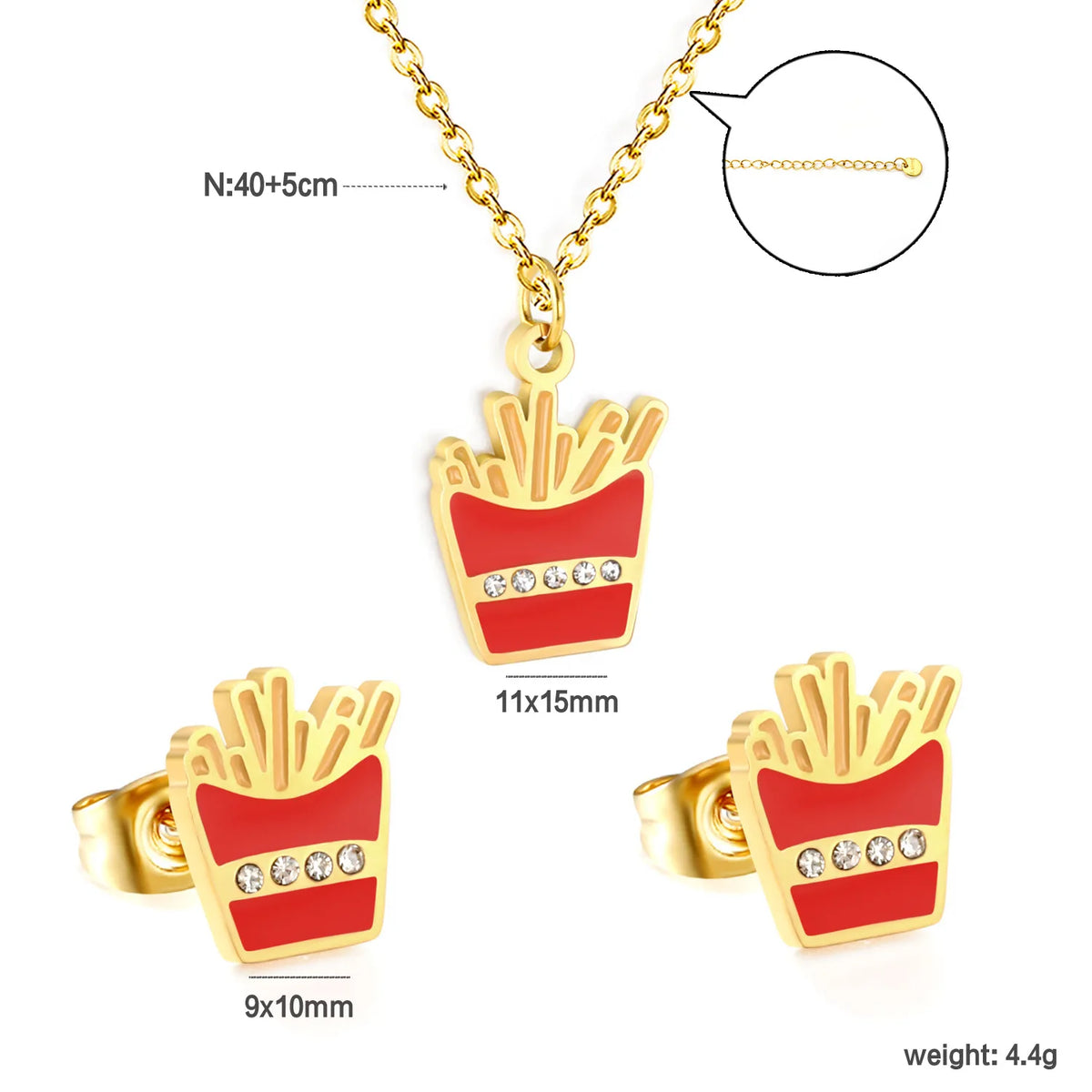 Cartoon  French Fries Design Jewelry Set | 18K Gold Plated Necklace & Stud Earrings | MOQ 12