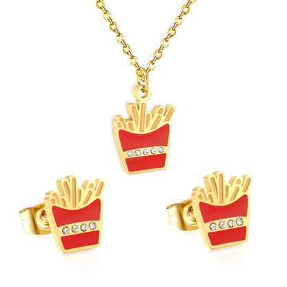 Cartoon  French Fries Design Jewelry Set | 18K Gold Plated Necklace & Stud Earrings | MOQ 12