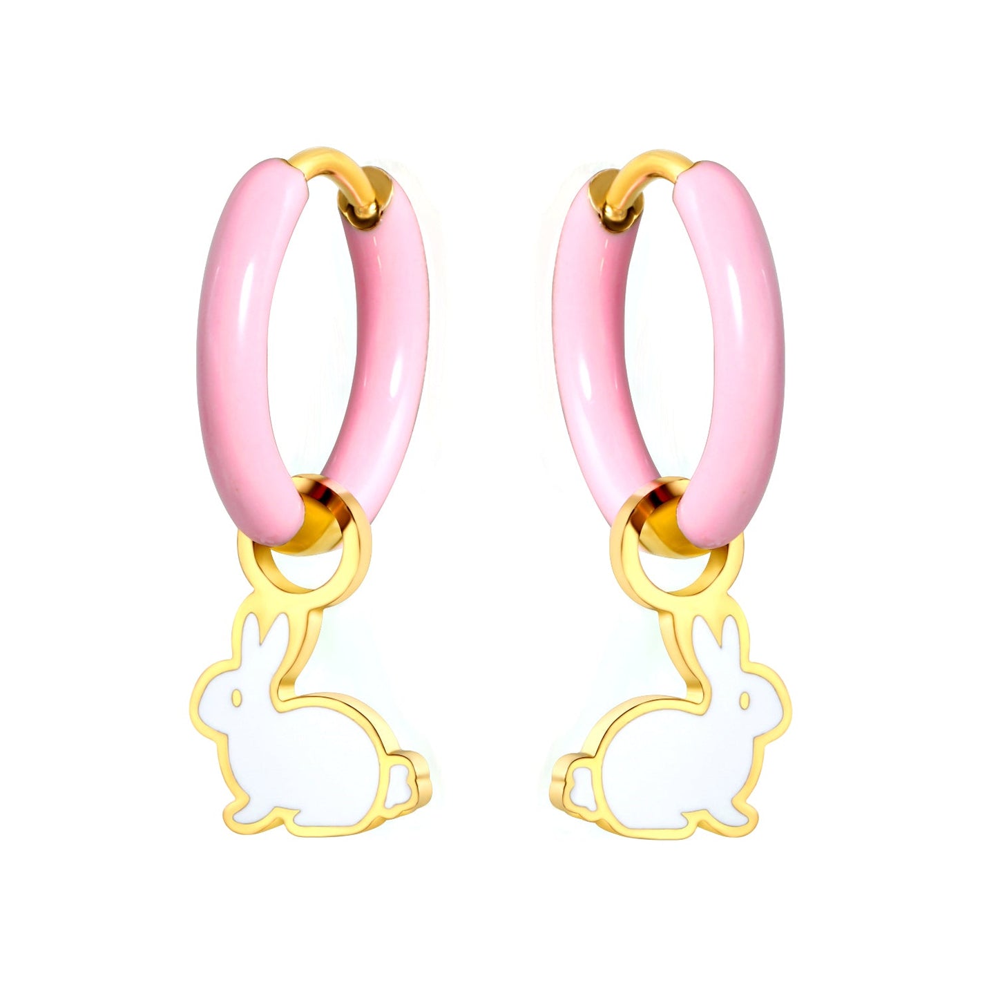 2*10mm circle with pink dripping oil+8.5*11.8mm rabbit with white dripping oil fittings earrings gold color