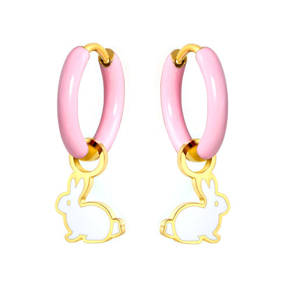 2*10mm circle with pink dripping oil+8.5*11.8mm rabbit with white dripping oil fittings earrings gold color