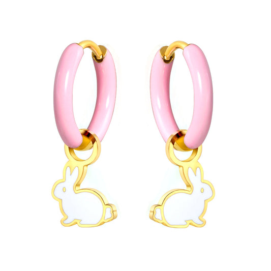2*10mm circle with pink dripping oil+8.5*11.8mm rabbit with white dripping oil fittings earrings gold color