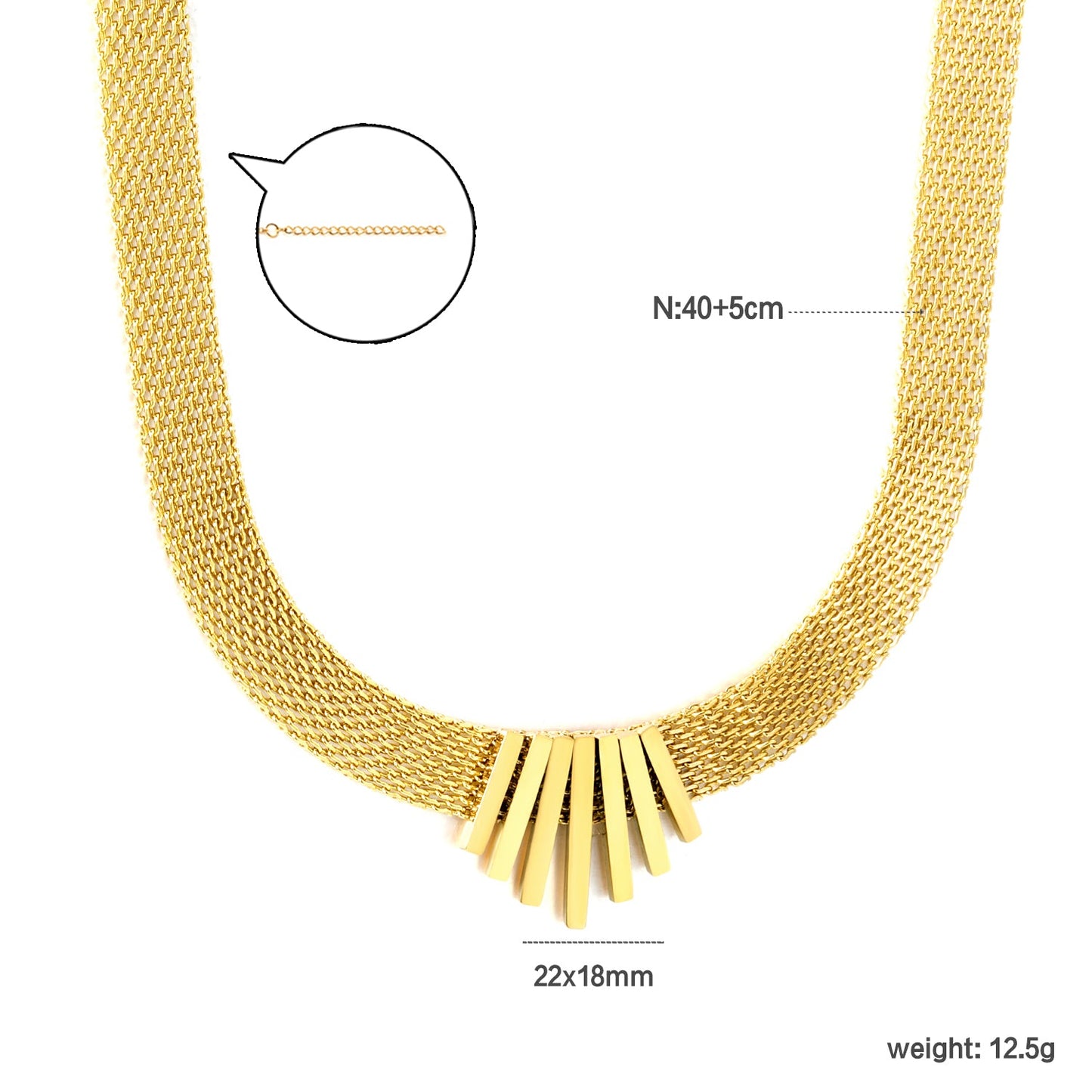 22*18mm black oil drop/golden long and short vertical bar accessories 8mm mesh chain necklace 40+5cm+6mm round plaque gold color