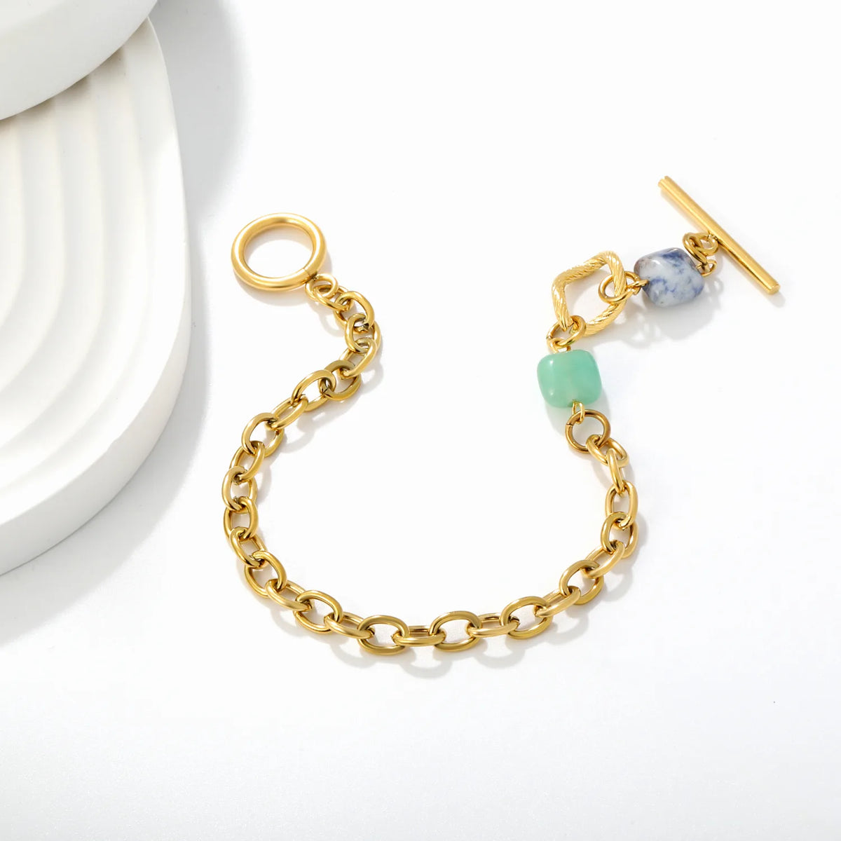 Wholesale Chunky Oval Link Natural Stone Toggle Bracelet | 18K Gold Plated
