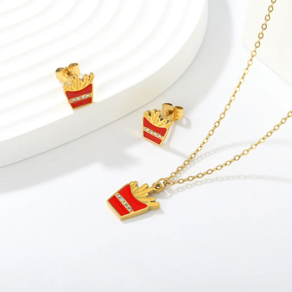 Cartoon  French Fries Design Jewelry Set | 18K Gold Plated Necklace & Stud Earrings | MOQ 12