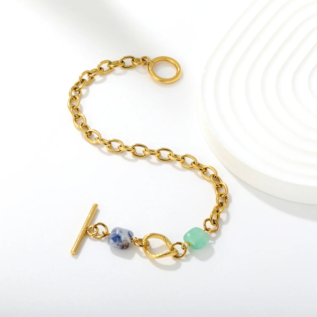 Wholesale Chunky Oval Link Natural Stone Toggle Bracelet | 18K Gold Plated
