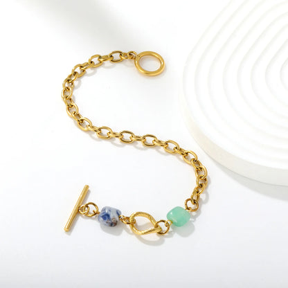 Wholesale Chunky Oval Link Natural Stone Toggle Bracelet | 18K Gold Plated