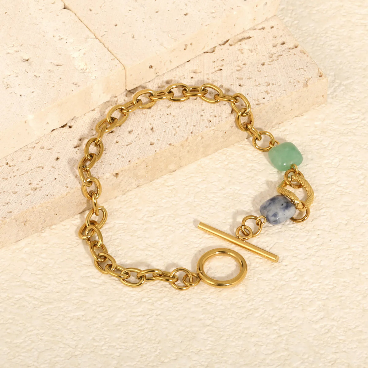 Wholesale Chunky Oval Link Natural Stone Toggle Bracelet | 18K Gold Plated